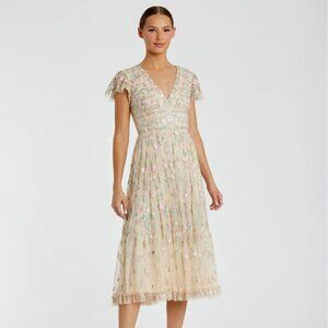 Mac Duggal Beige, Pink, and Green Midi Dress